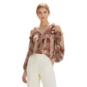 Adrienne Landau Blouse Cream Brown Cold Shoulder Ruffle Sleeve L
